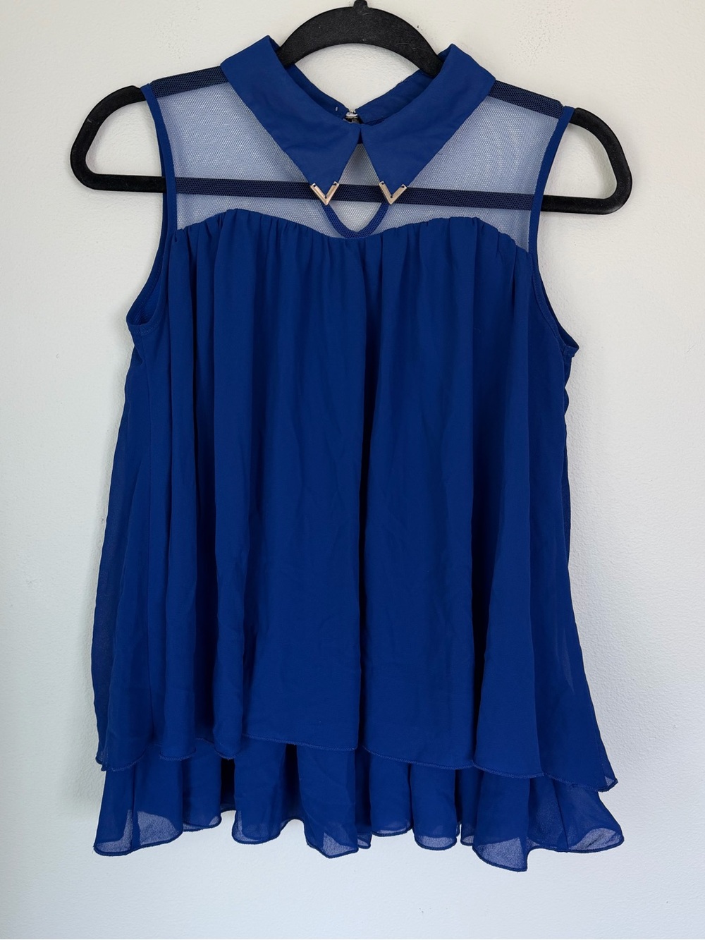 2010’s Blue Studded Sheer Mesh Flowy Rockstar GF Indie Sleaze Tank Top Skull Emo